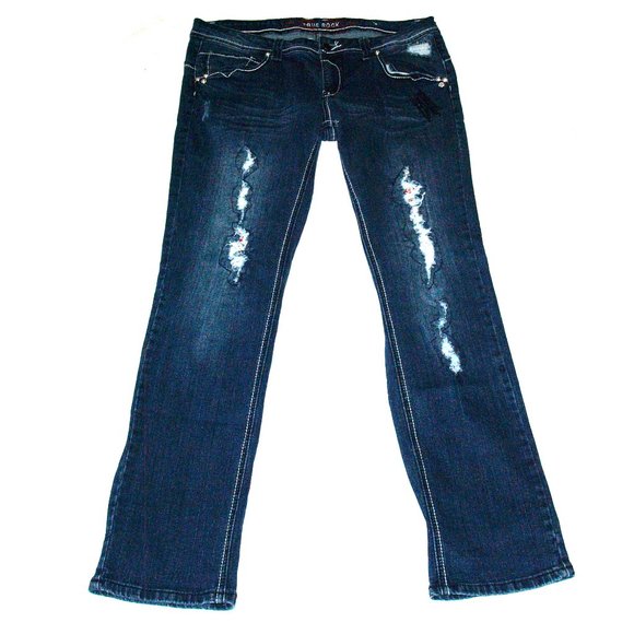 TRUE ROCK Mid-Rise Blue Jeans Size 17/18 Embellished Distressed Patched (34X30) - Picture 2 of 14